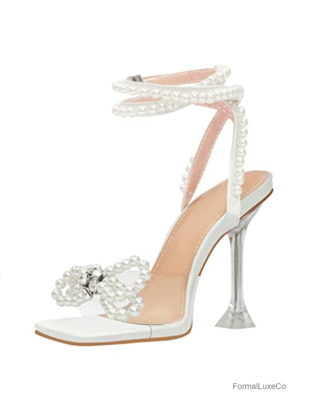 Square Toe Clear Heels Sexy Rhinestone Bow Heels Open Toe Ankle Strap Stiletto